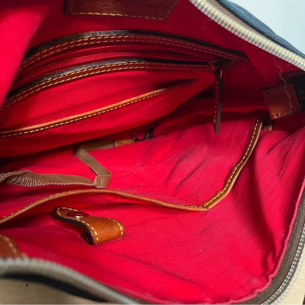 Dooney & Burke Blue Nylon Crossbody Bag with Brown Leather Details Zip Closure
